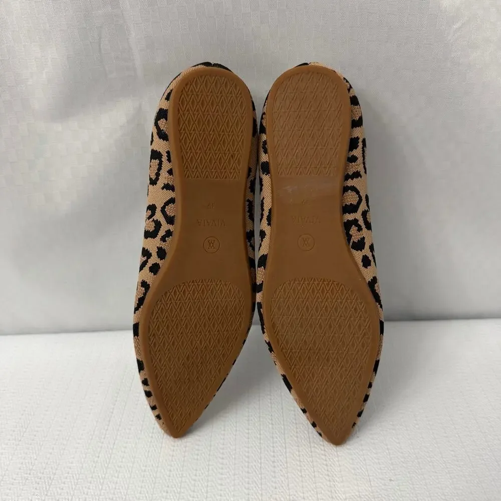 Vivaia Aria Pointed Toe Ballet Flats Women’s Size 8 Dark Leopard Brown Knit 39